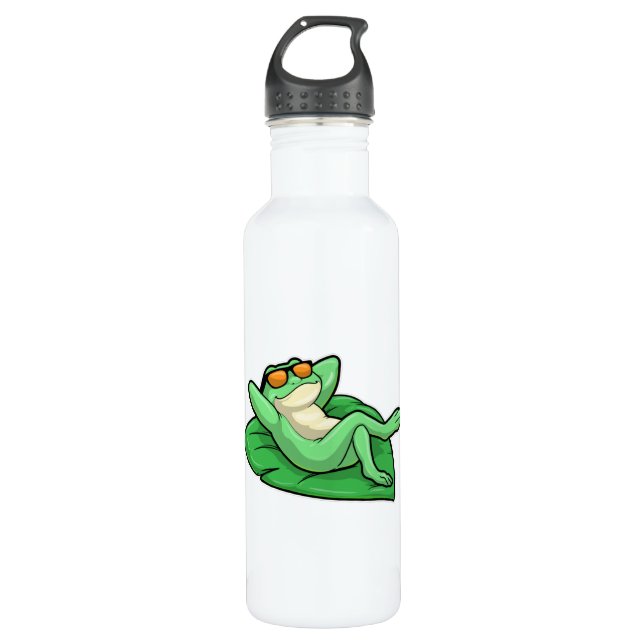 Bouteille D'eau Grenouille sur la feuille avec lunettes de soleil (Devant)
