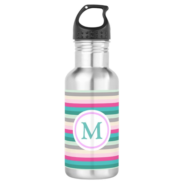 Bouteille D'eau Gris rose tendance et Monogramme rayé Turquoise (Devant)