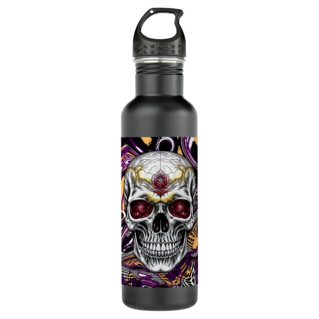 Bouteille D'eau Halloween au crâne de sucre pourpre et noir (Devant)
