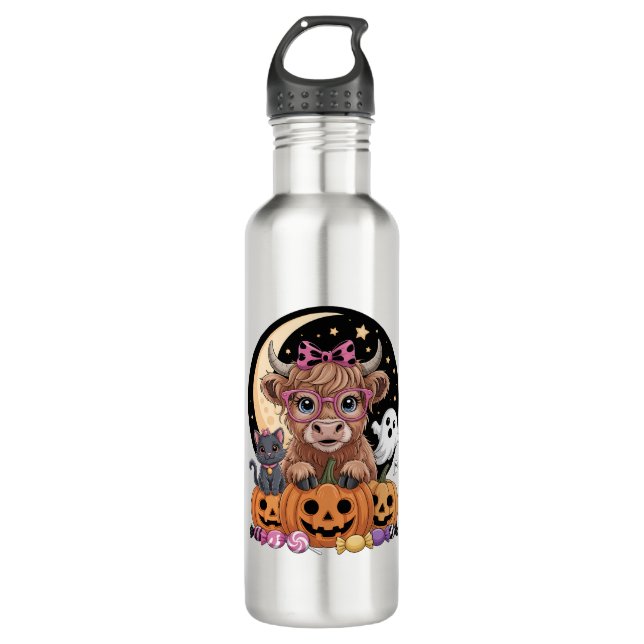 Bouteille D'eau Halloween Éffrayante saison de la vache Highland (Devant)