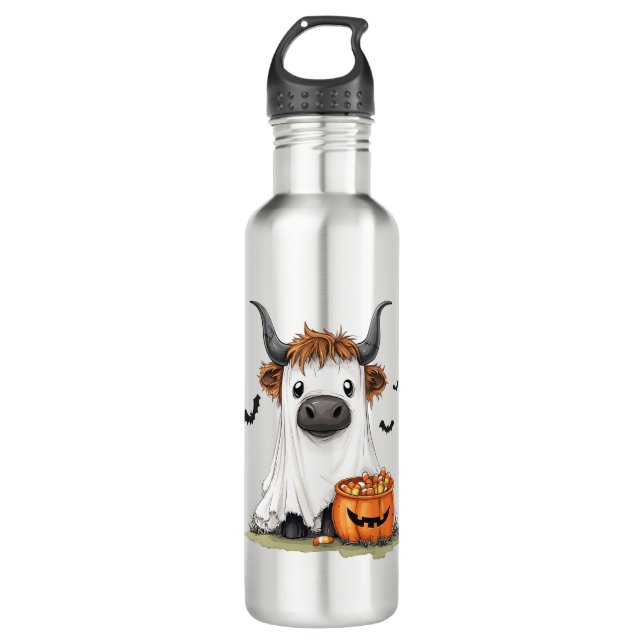 Bouteille D'eau Halloween Ghost Highland Cow PNG (Devant)