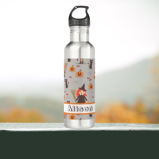 Bouteille D'eau Halloween mignonne sorcière, Citrouille, Chat noir (Halloween Witch and pumpkins water bottle. perfect for trick or treat, back to school, hiking.)