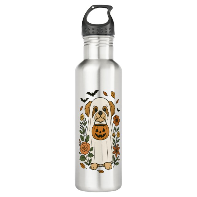 Bouteille D'eau Halloween Shih Tzu avec des fleurs d'automne (Devant)