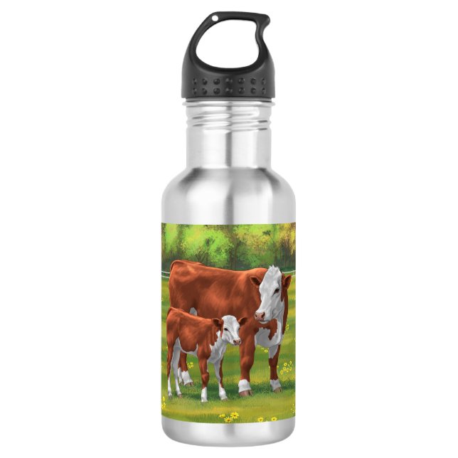 Bouteille D'eau Hereford Cow & Cute Calf dans les pâturages d'été (Devant)
