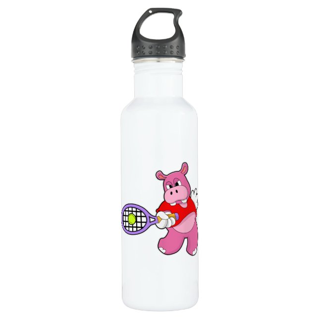 Bouteille D'eau Hippo au tennis avec raquette de tennis (Devant)