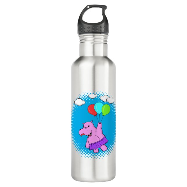 Bouteille D'eau Hippo Rose Volant Avec Ballons (Devant)