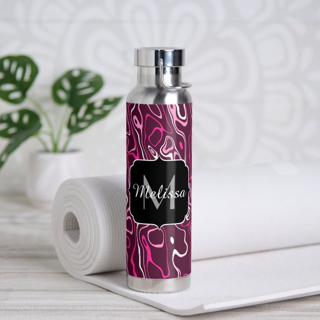 Bouteille D'eau Hot pink damascus abstract swirls Custom Monogram (Yoga (pivoté))