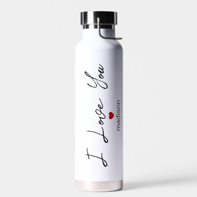 Bouteille D'eau I Love You Modern Script Typography Red Heart Name (Gauche)