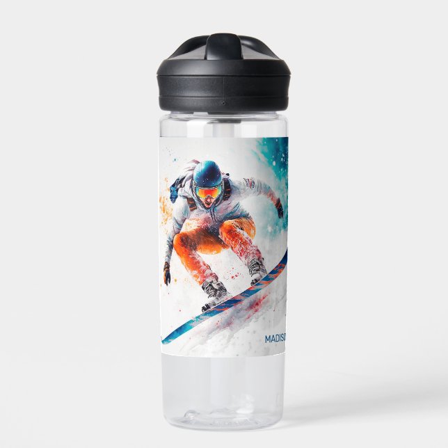 Bouteille D'eau Illustration de snowboarder de nom personnalisé (Extérieur)