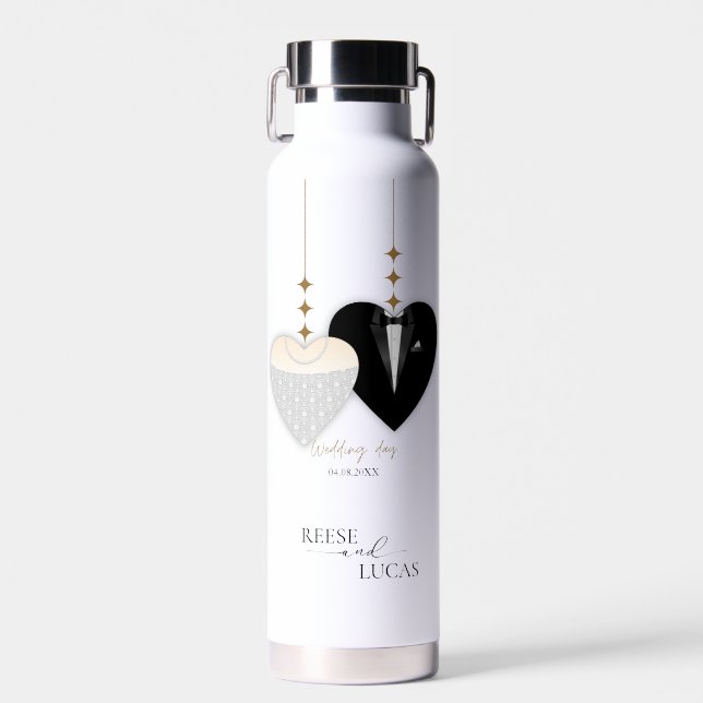 Bouteille D'eau Illustration noire blanche moderne coeur mariage (Avant)