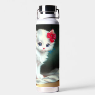 Bouteille D'eau Illustration vintage de Kitten blanc avec fleurs r