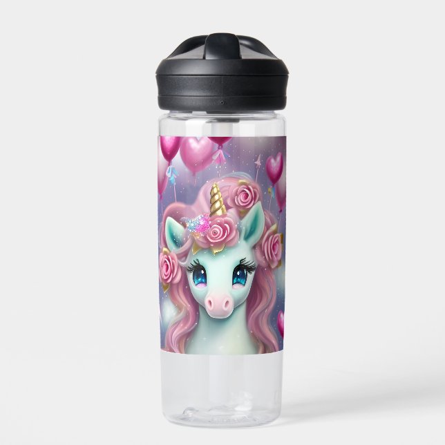 Bouteille D'eau Imaginaire Bébé blanc licorne avec Coeurs roses (Extérieur)