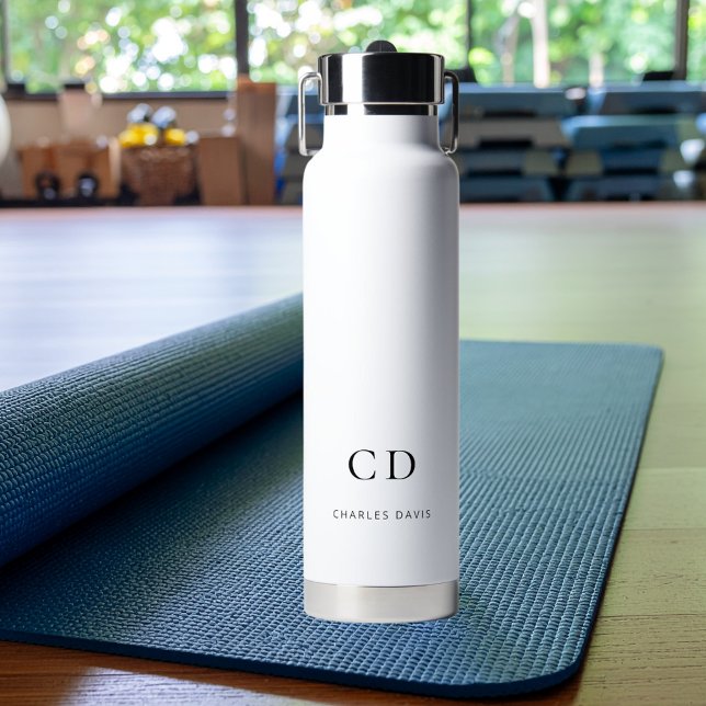 Bouteille D'eau Initiales de monogramme noir blanc nom simple (Créateur téléchargé)