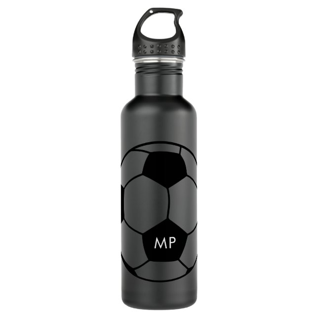Bouteille D'eau Initiales personnalisées Football Noir Blanc (Devant)
