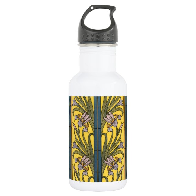 Bouteille D'eau Iris Fleur Art Nouveau Vitrail Bleu Or (Devant)