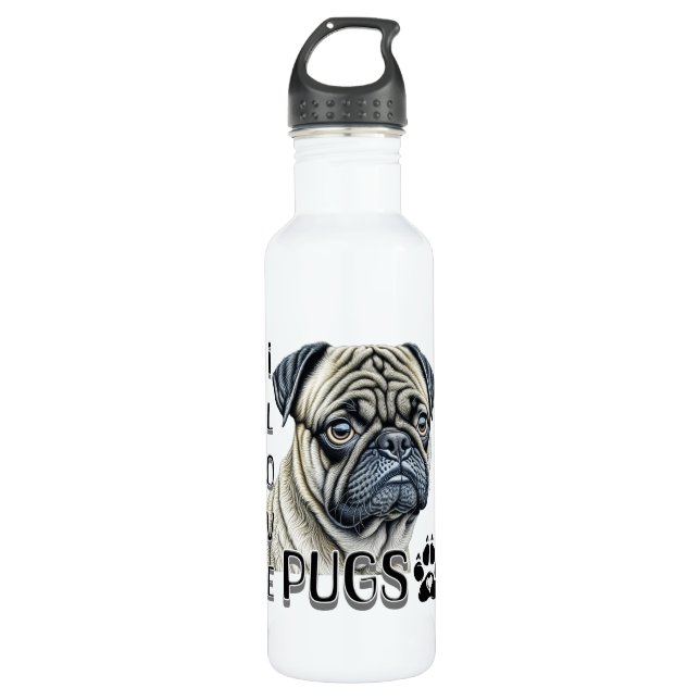 Bouteille D'eau J'aime les Carlins | Propriétaires de chiens migno (Devant)