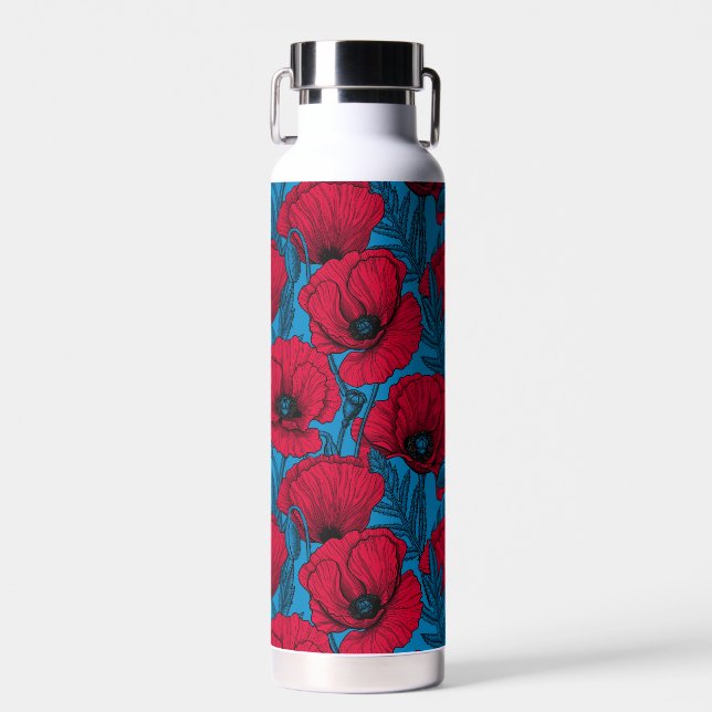 Bouteille D'eau Jardin de pavot rouge sur bleu (Avant)