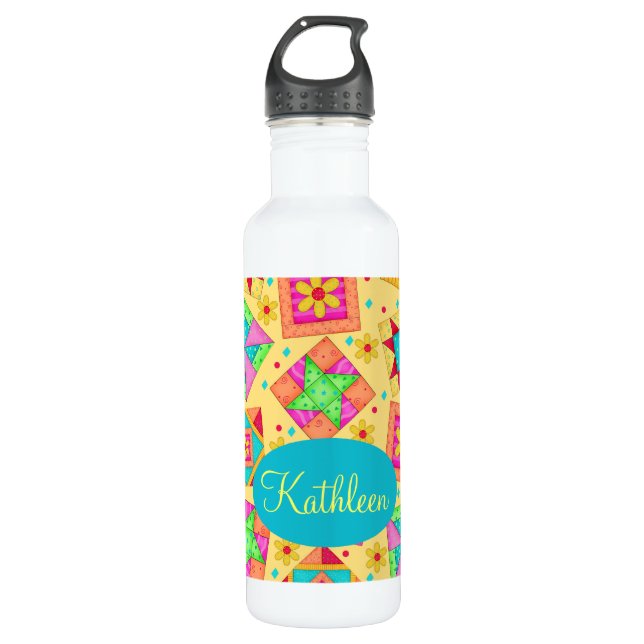 Bouteille D'eau Jaune Patchwork Quilt Block Art personnalisé (Devant)