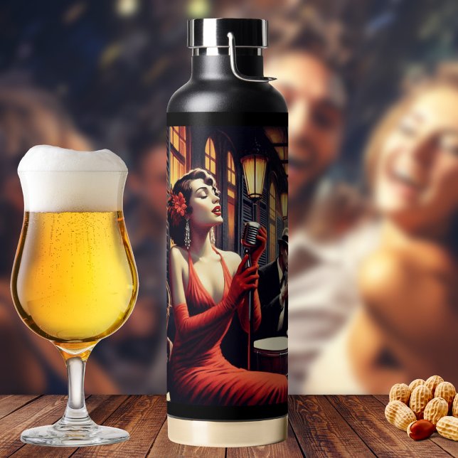 Bouteille D'eau Jazz Easy Écoute Musique Orchestre Isolé (Insulated water bottle featuring a painting of a jazz or easy listening orchestra with a singer)