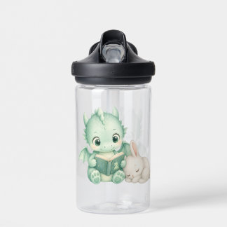 Bouteille D'eau Joli bébé dragon lisant un livre aquarelle fantais