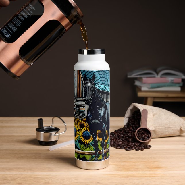 Bouteille D'eau Joli cheval noir et grange rustique avec tournesol (Extérieur)