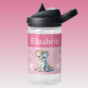 Bouteille D'eau Joli léopard ajouter nom avec étoiles enfants rose