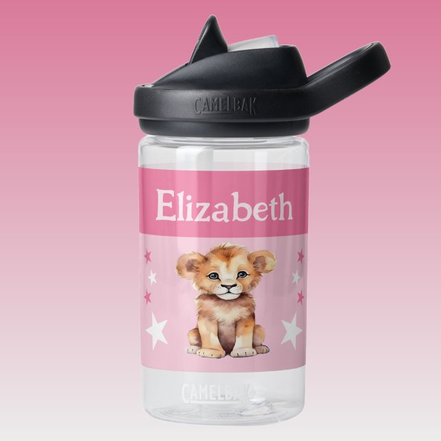 Bouteille D'eau Joli lion ajouter nom avec étoiles enfants rose (Créateur téléchargé)