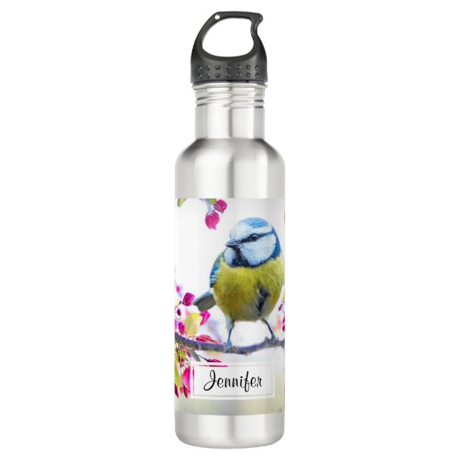 Bouteille D'eau Joli oiseau bleu et jaune sur une branche Photogra (Devant)