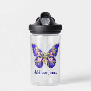 Bouteille D'eau Joli Papillon Floral Nom Bleu Rose Or