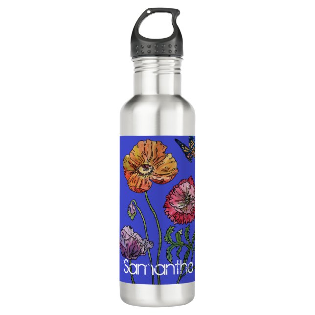 Bouteille D'eau Joli Poppy floral Aquarelle Fleur Femme Marine (Devant)