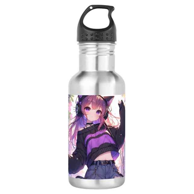 Bouteille D'eau Jolie fille Anime dans casque avec oreilles de cha (Devant)