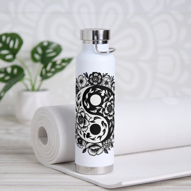 Bouteille D'eau Jolie florale noire et blanche Yin Yang (Yoga)