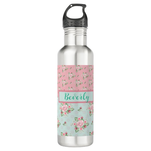 Bouteille D'eau Jolie Mint Green et rose Floral (Devant)