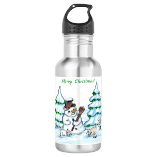 Bouteille D'eau Joyeux Noël ! Snowman avec chat et chiot