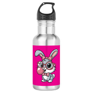 Bouteille D'eau Lapin mignon avec des lunettes soufflant du chewin