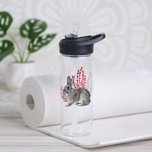 Bouteille D'eau Lapin sauvage avec éléments botaniques rouges et v