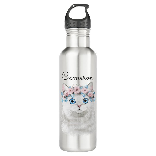 Bouteille D'eau Le chat floral blanc doux | ajoutent votre nom (Devant)