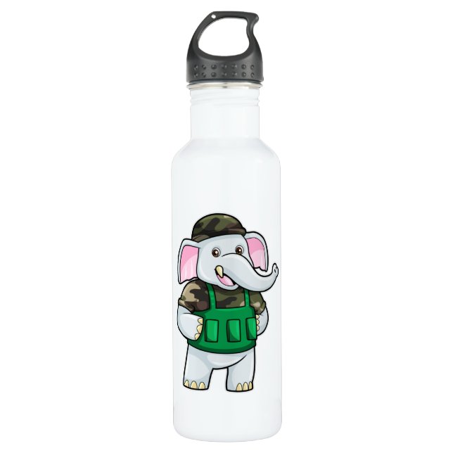 Bouteille D'eau L'éléphant comme soldat avec uniforme et casque (Devant)