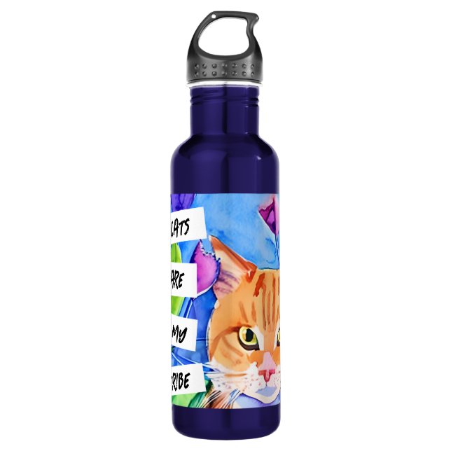 Bouteille D'eau Les chats sont ma tribu | Chat orange et fleurs (Devant)