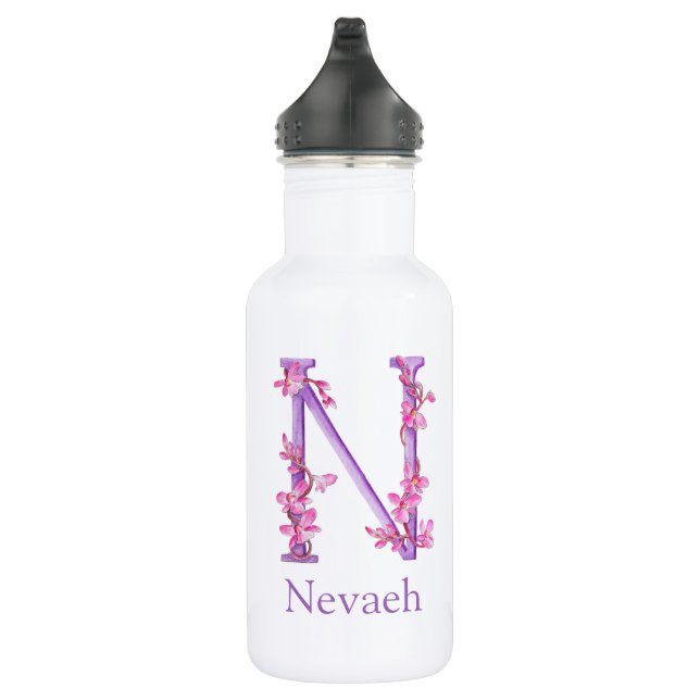 Bouteille D'eau Lettre monogramme N nom orchidée rose violet (Droite)