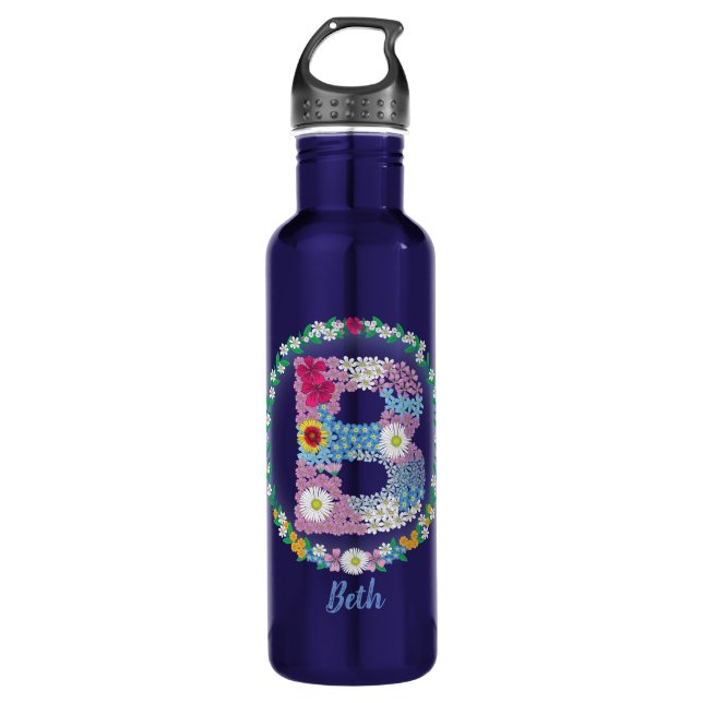 Bouteille D'eau Lettres de fleurs Initiale "B" avec nom personnali (Devant)