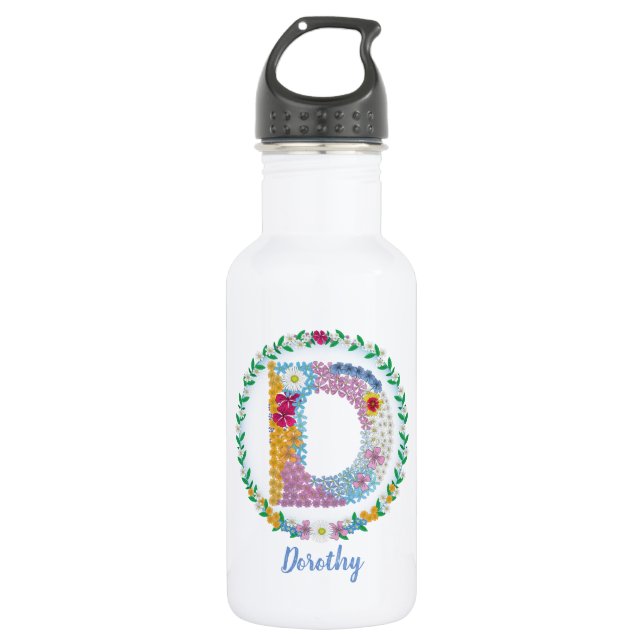 Bouteille D'eau Lettres de fleurs Initiale "D" avec nom personnali (Devant)