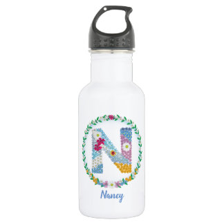 Bouteille D'eau Lettres de fleurs Initiale "N" avec nom personnali
