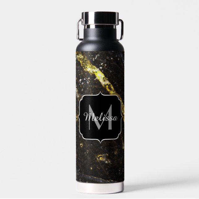 Bouteille D'eau Ligne brillante or noir chic abstrait Monogramme (Avant)