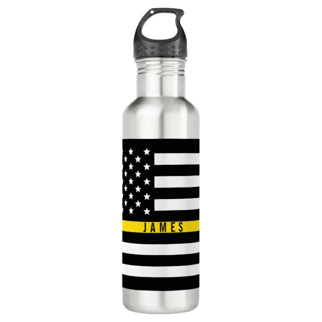 Bouteille D'eau Ligne jaune mince monogramme de drapeau américain (Devant)