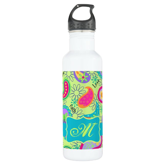 Bouteille D'eau Lime Vert Turquoise Moderne Paisley Monogramme (Devant)