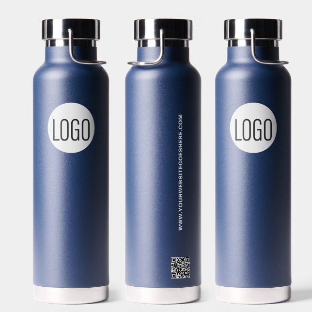 Bouteille D'eau Logo de l'entreprise Site Web de code QR personnal (Business branded Promotional dark Blue waterbottle with logo, website and QR Code)