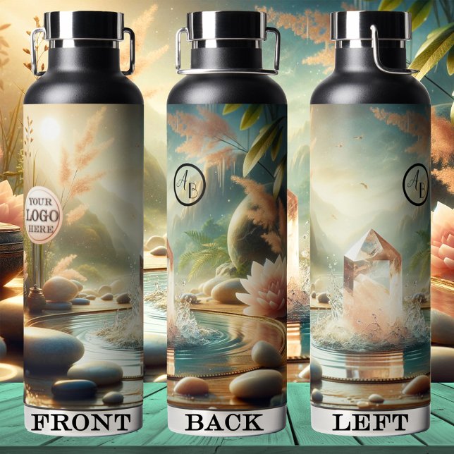 Bouteille D'eau Logo rose cristal Zen (Elegant water bottle featuring a pink crystal in a fountain with Zen lotus flowers - spiritual -yoga)