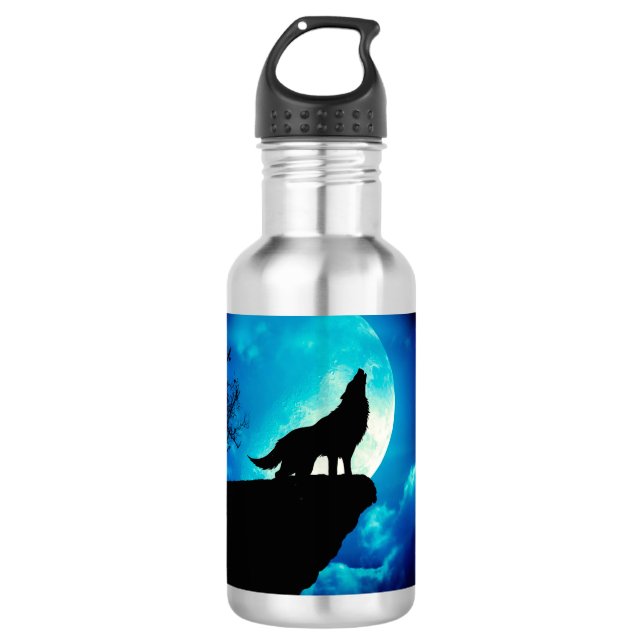 Bouteille D'eau Loup en silhouette hurlant à la pleine lune (Devant)