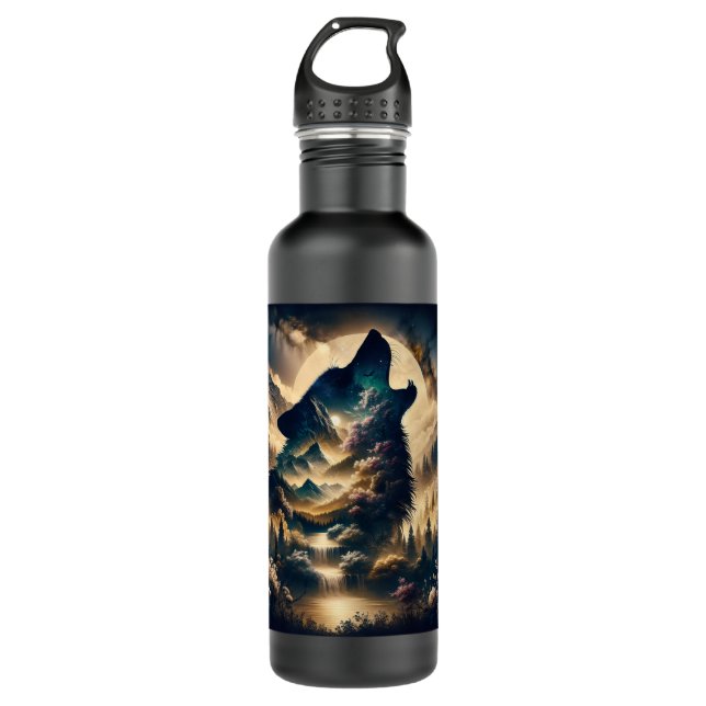 Bouteille D'eau Loup hurlant sur la lune une nuit nuageuse (Devant)